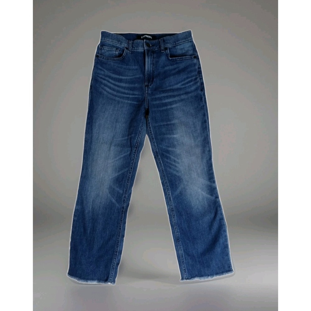 EXPRESS Raw Hem HIGH CROP Jeans Straight Cut Meduim Wash Size 2 Women's Stretch